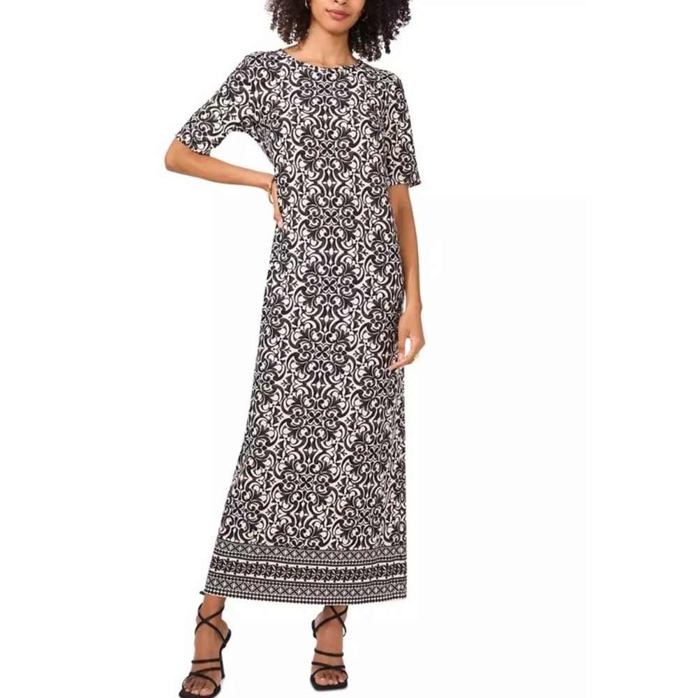 NWT Vince Camuto Maxi Dress Jersey Ivory Gray Black Scroll Medallion Size L